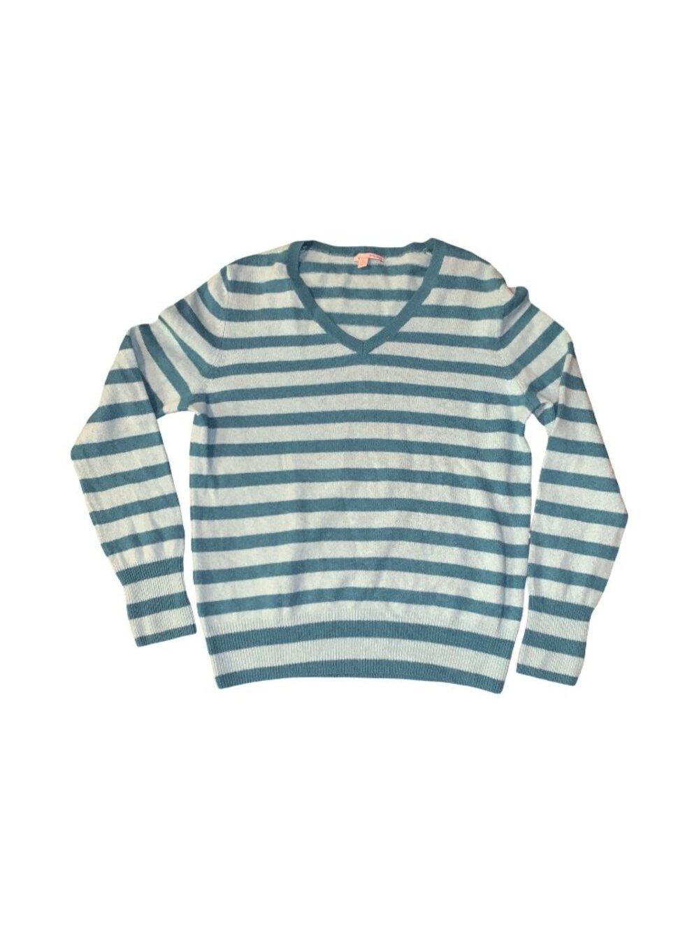 Halogen Womens L 100% 2-ply cashmere Pullover Sweater Long Sleeve Striped Teal